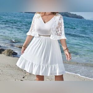 NEW 0 XL SHEIN VCAY Plus Floral Mesh Embroidery Flounce Sleeve Ruffle Hem Dress